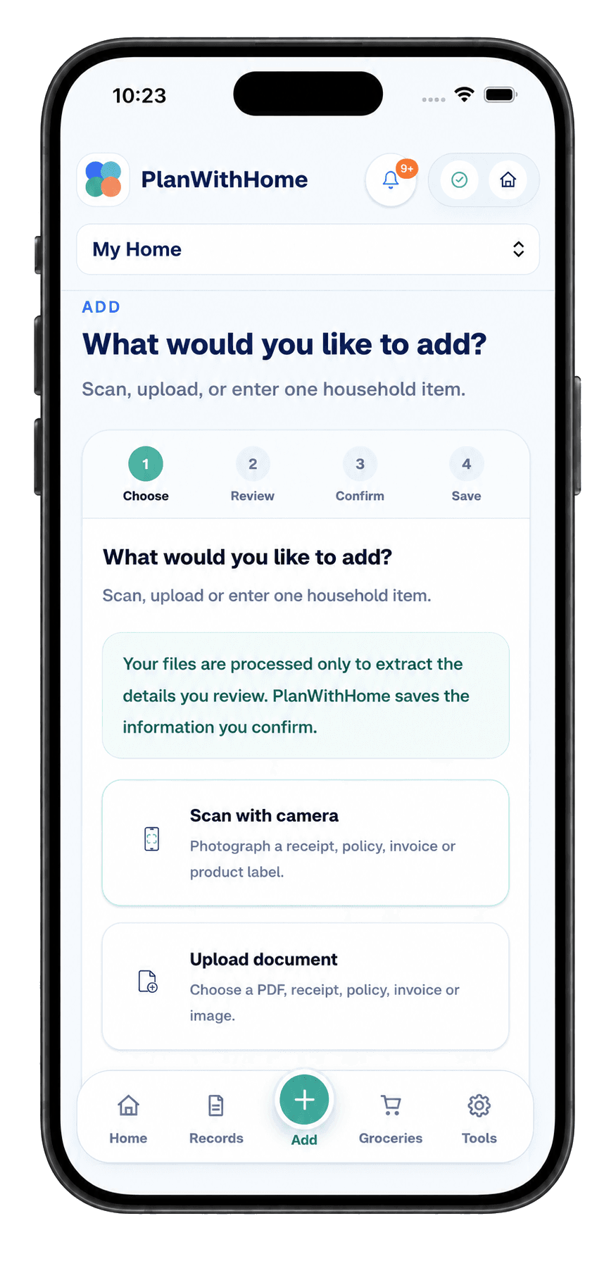 PlanWithHome add screen showing scan, upload and manual entry options.