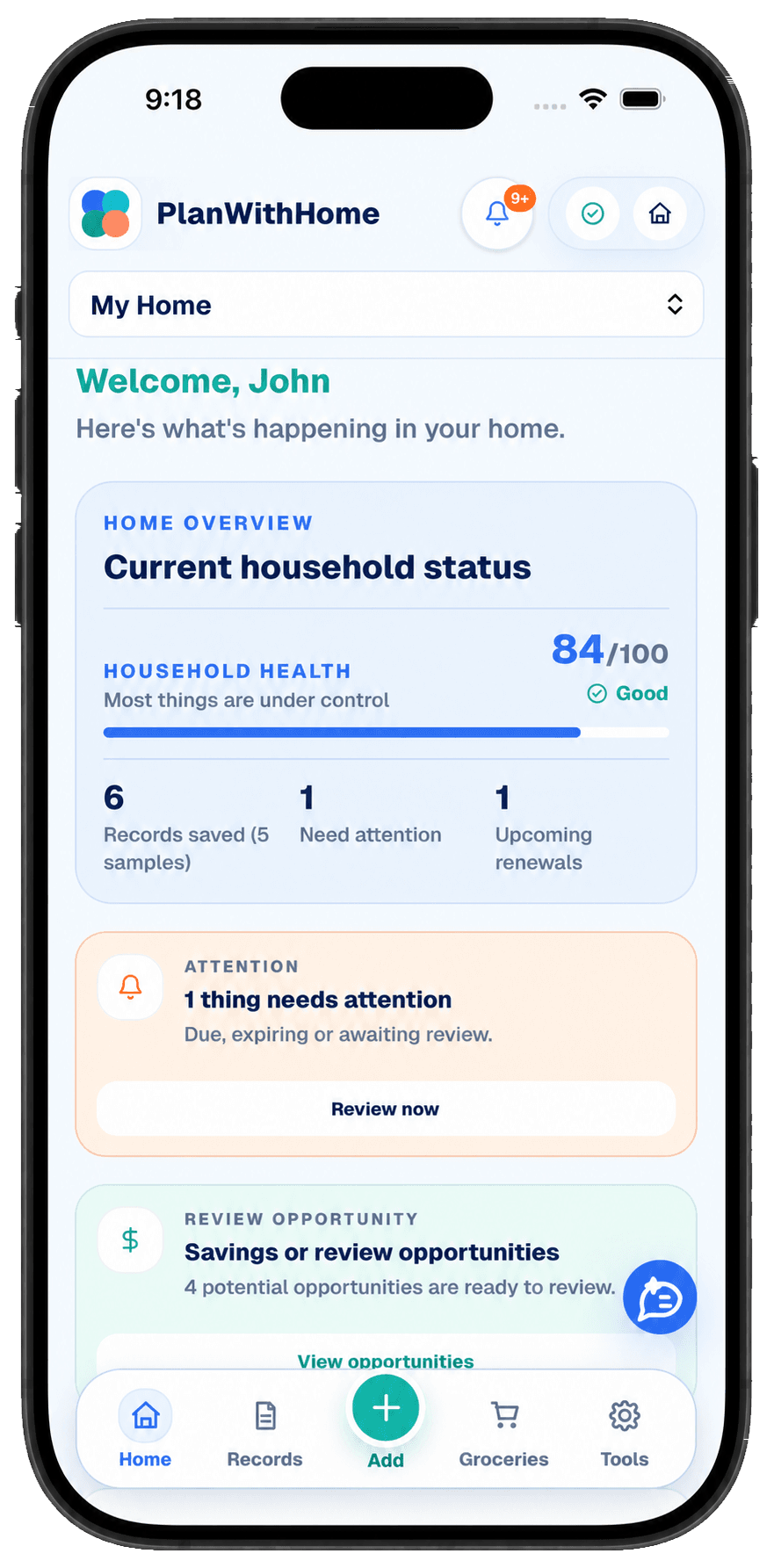 PlanWithHome mobile dashboard showing household health, attention items and bottom navigation
