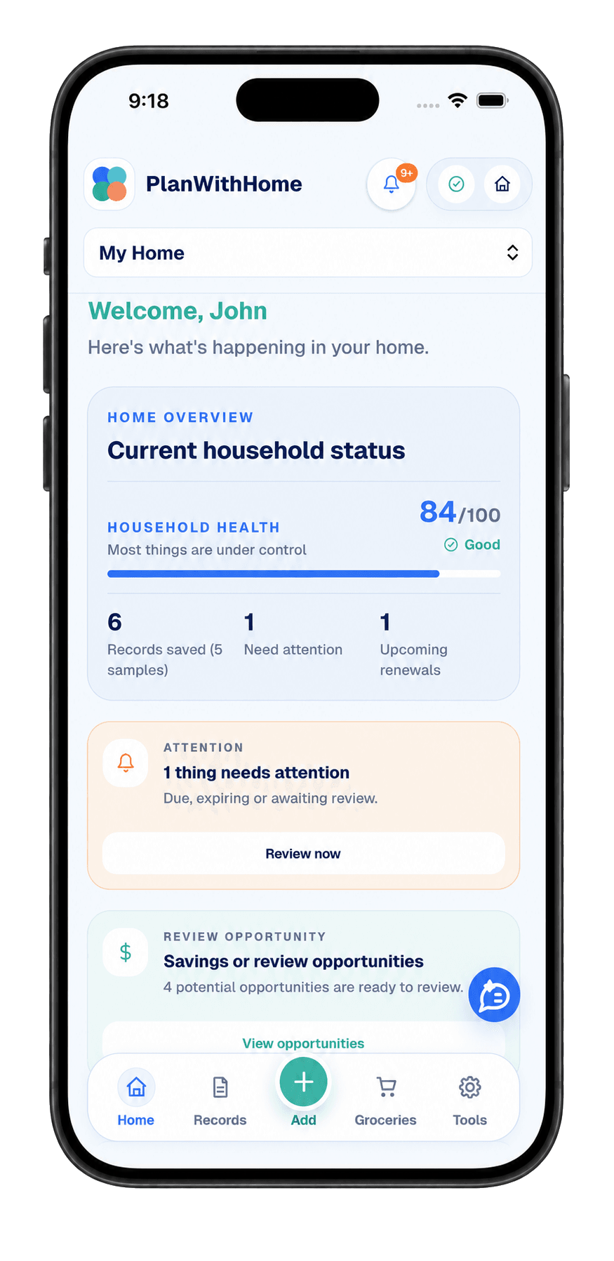 PlanWithHome dashboard screen showing household overview and attention items.