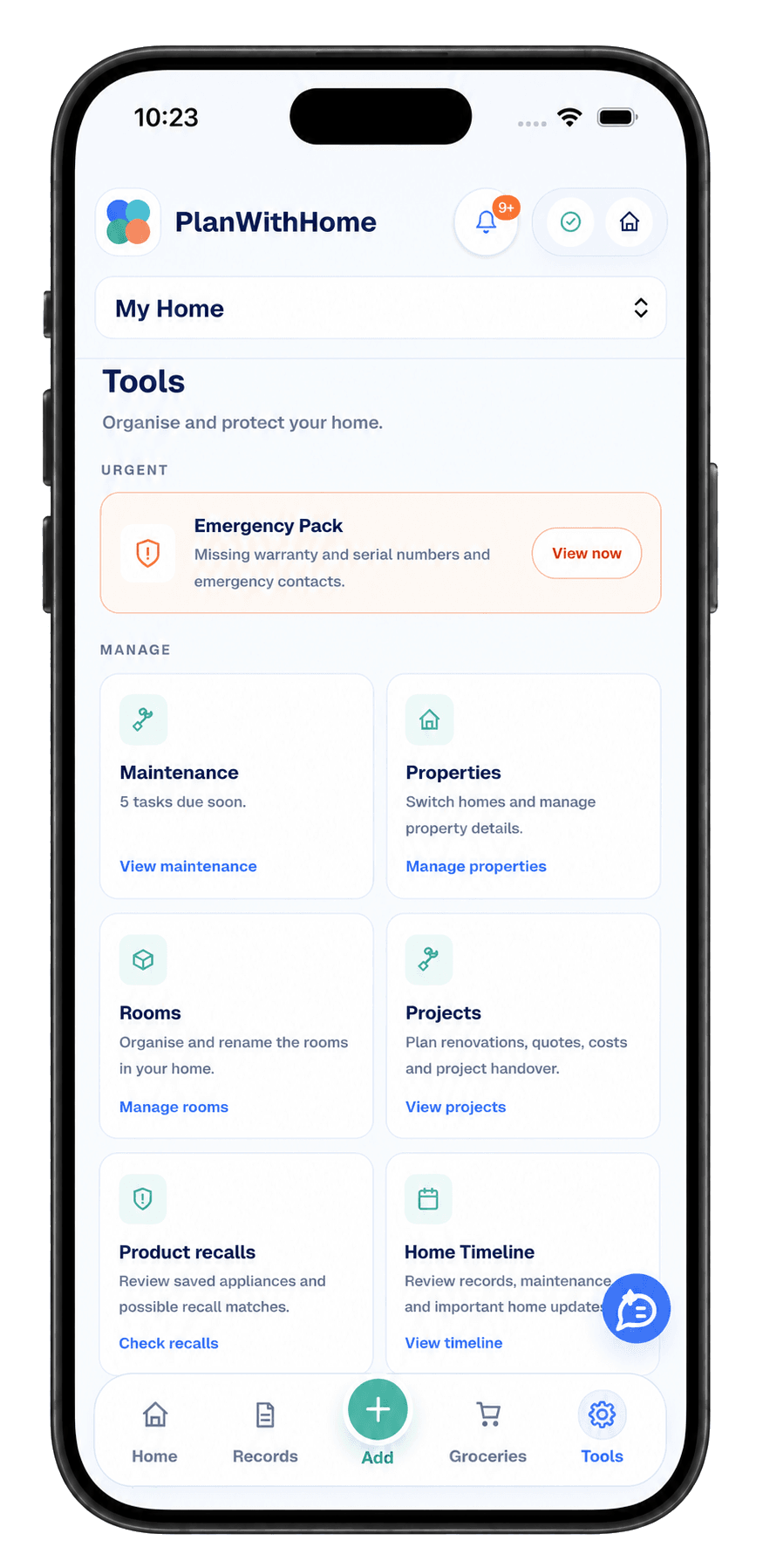 PlanWithHome tools screen showing maintenance, rooms, projects and recalls.